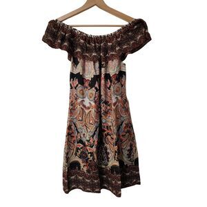 Johanne Beck Silk Boho Dress Multicolor Off-The-Shoulder Peasant Made in USA XS